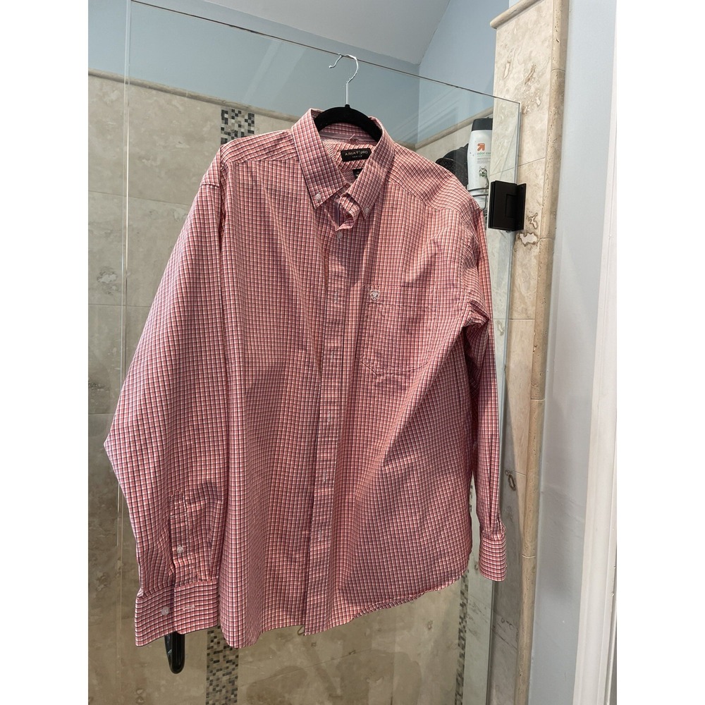Mens ARIAT Pro Series Shirt Size XL Long Sleeve Pink and white Button Front